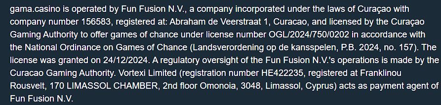 Данные о юридических лицах - управляющего Гама казино и проводящего платежи, а также о лицензии приведены в подвале основных страниц
